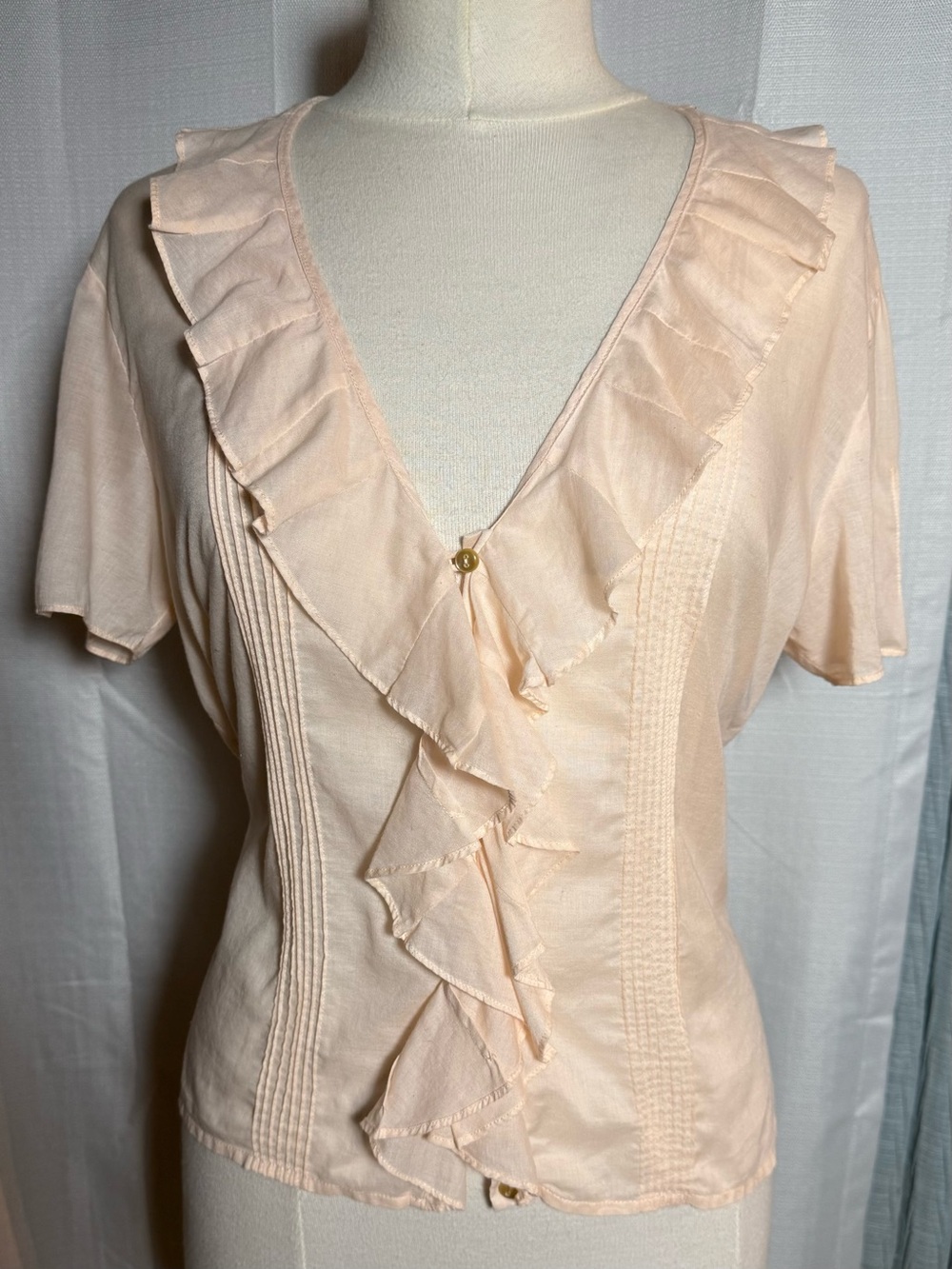 Ralph Lauren Feminine Peach Ruffle Lightweight V-Neck Pintuck Blouse